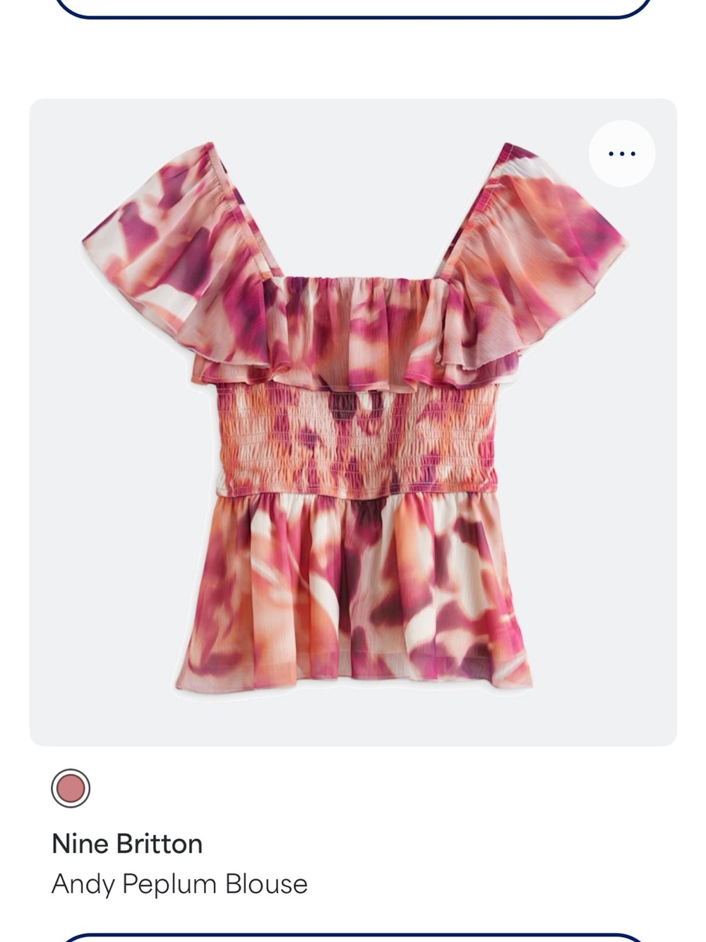 nine britton ruffle off-shoulder peplum blouse in pink and peach watercolor